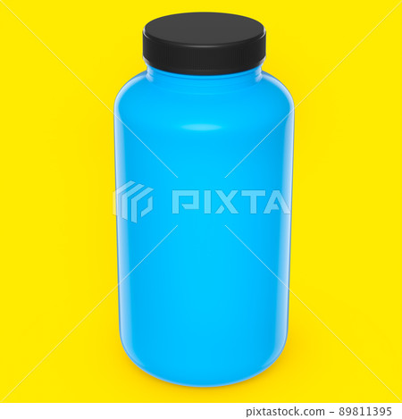 Blue plastic jar for sport nutrition whey protein and gainer powder isolated on yellow background. 3d rendering of sport supplement for crossfit, trx and powerlifting workout 89811395