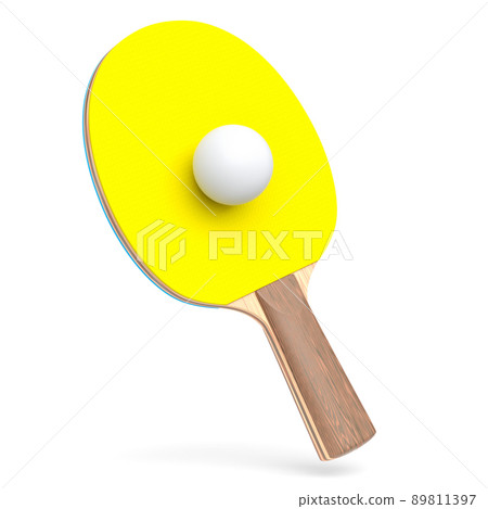 Yellow ping pong racket for table tennis with ball isolated on white background. 3d render of sports equipment for active training 89811397