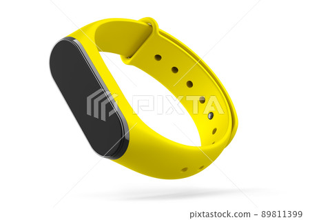 Yellow fitness tracker or smart watch with heart rate monitor isolated on white background. 3d render of sport equipment for active training and wearable device. 89811399