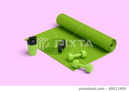 Isometric view of sport equipment like yoga mat, dumbbell and smart watches on pink background. 3d render of power lifting and fitness concept 89811400