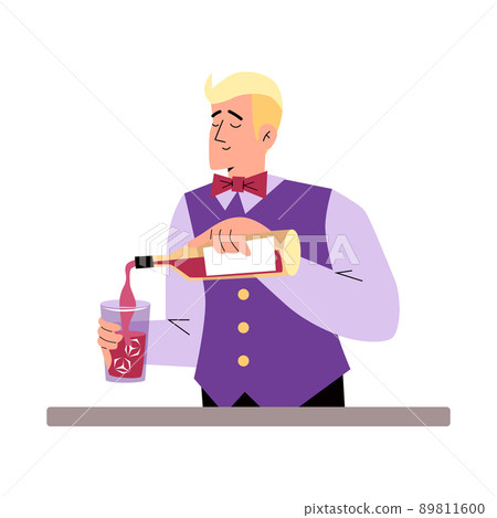 Man bartender pours wine, vector flat illustration on white background. 89811600