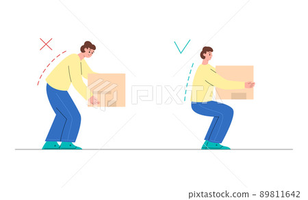 Lifting the box right and wrong, vector flat illustration on a white background. 89811642
