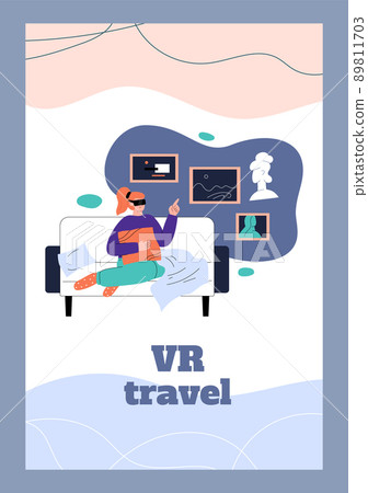 VR travel simulation app banner or poster template, flat vector illustration. 89811703