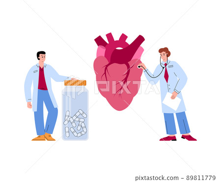 Doctors check the heart and offer medicines, flat vector illustration isolated. 89811779