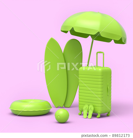 Suitcase with beach ball and surf board on monochrome pink background. 3D render of summer vacation concept and holidays 89812173