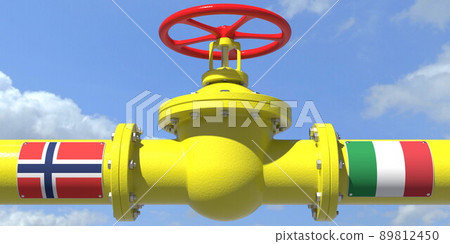 NORWAY ITALY gas or oil transit concept. Pipe with valve, 3D rendering 89812450