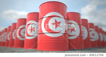 Flag of Tunisia on the barrels or steel drums. Chemical or oil industry related 3D rendering 89812708
