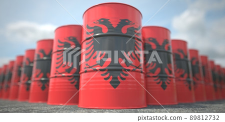 Flag of Albania on the barrels or steel drums. Chemical or oil industry related 3D rendering Flag of Albania on the barrels or steel drums. Chemical or oil industry related 3D rendering 89812732