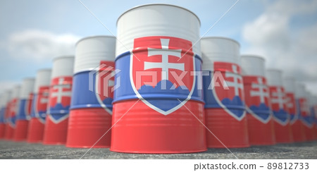 Flag of Slovakia on the barrels or steel drums. Chemical or oil industry related 3D rendering Flag of Slovakia on the barrels or steel drums. Chemical or oil industry related 3D rendering 89812733