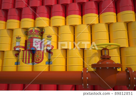 Barrels with painted flag of Spain and oil transportation pipe. 3d rendering 89812851