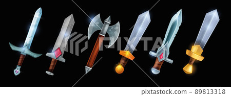 Game sword icon set, vector cartoon medieval weapon kit, fantasy knight knife isolated collection.  89813318