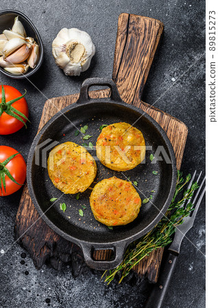 Baked vegetables patties cutlets for vegan burgers. Dark background. Top view 89815273