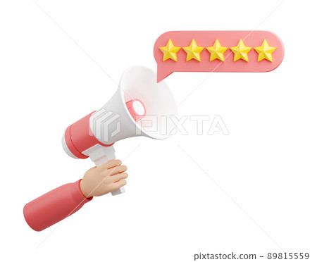 Customer review 3d render - five stars on speech bubble comes out of loudspeaker held by hand. 89815559
