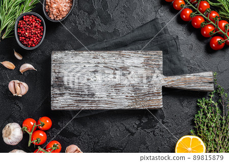 Old Cutting Board Dark Wooden Table View Copy Space Stock Photo by