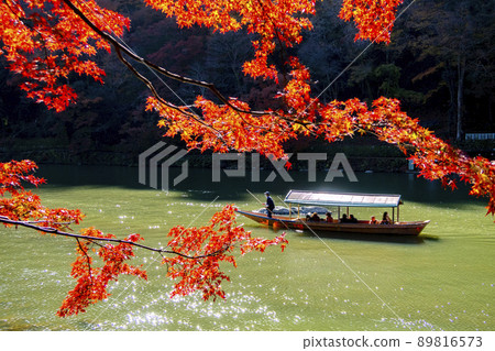 Arashiyama autumn leaves houseboat 89816573
