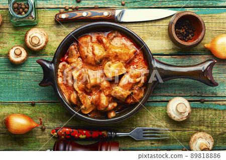 Meat with mushrooms, Beef stroganoff. Meat with mushrooms, Beef stroganoff. 89818886