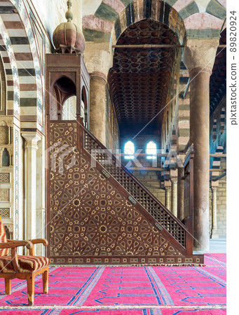 Minbar decorated with arabesque geometrical patterns, historic ibn Qalawun Mosque, Cairo, Egypt Minbar decorated with arabesque geometrical patterns, historic ibn Qalawun Mosque, Cairo, Egypt 89820924
