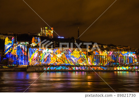 Lyon's Saone riverside and Notre Dame cathedral illuminated at the French Light Festival Lyon's Saone riverside and Notre Dame cathedral illuminated at the French Light Festival 89821730