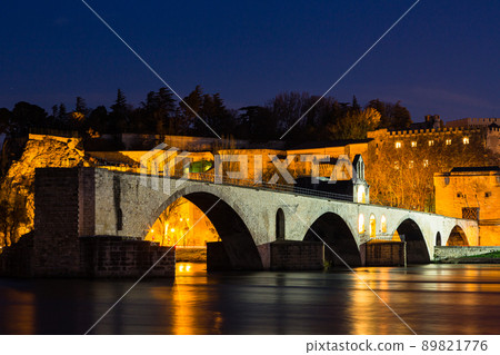 France Illuminated night Avignon Pont d'Avignon and the walls of the old town behind France Illuminated night Avignon Pont d'Avignon and the walls of the old town behind 89821776