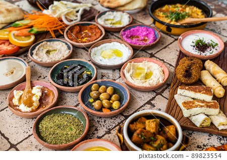 Turkish Village breakfast table served in a restaurant. Top view Turkish Village breakfast table served in a restaurant. Top view 89823554