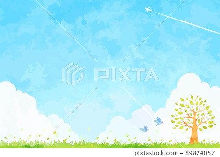 美麗的藍天和樹木和草地的風景插圖 89824057