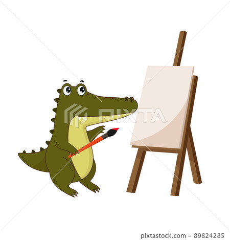 Cartoon crocodile stands near the easel. Crocodile icon isolated on white background. Vector illustration for design and print Cartoon crocodile stands near the easel. Crocodile icon isolated on white background. Vector illustration for design and print 89824285