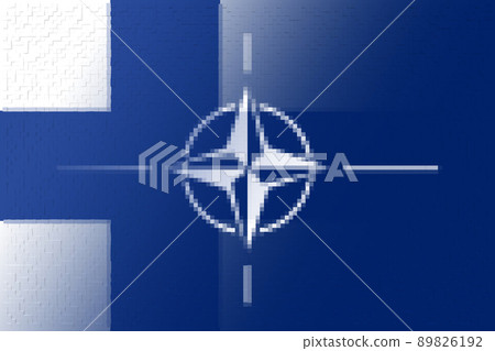 NATO-OTAN. Finland. NATO flag. Finland flag. Flag with the NATO logo. Concept of annexation of Finland with NATO-OTAN. Foreground. Horizontal layout. Horizontal illustration. 3D Illustration. 89826192