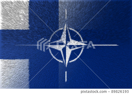 NATO-OTAN. Finland. NATO flag. Finland flag. Flag with the NATO logo. Concept of annexation of Finland with NATO-OTAN. Foreground. Horizontal layout. Horizontal illustration. 3D Illustration. 89826193
