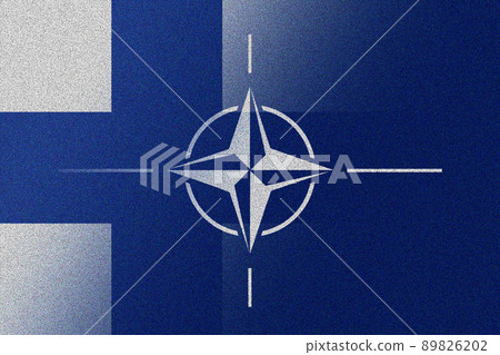 NATO-OTAN. Finland. NATO flag. Finland flag. Flag with the NATO logo. Concept of annexation of Finland with NATO-OTAN. Foreground. Horizontal layout. Horizontal illustration. 3D Illustration. 89826202