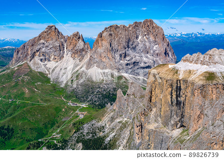 View of Langkofel group or Sassolungo group in the Dolomites and Sella Pass. 89826739