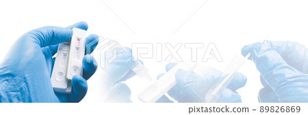 Covid-19 negative test result cassette in the medical hand and mixed sample droplet test 89826869