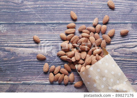 top view of almond nuts in a packet top view of almond nuts in a packet 89827176