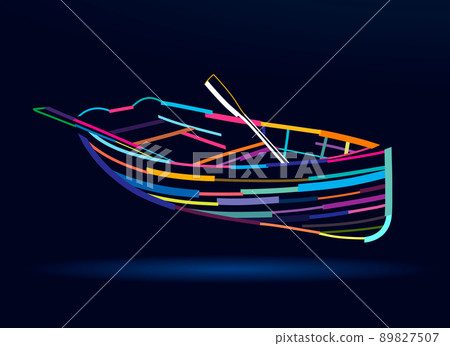 Abstract wooden boat with oars from multicolored paints. Colored drawing 89827507