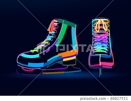 Abstract ice skates, figure skates from multicolored paints. Sport equipment. Colored drawing 89827551