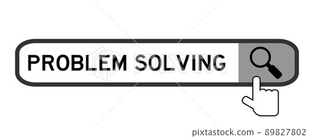 Search banner in word problem solving with hand over magnifier icon on white background Search banner in word problem solving with hand over magnifier icon on white background 89827802