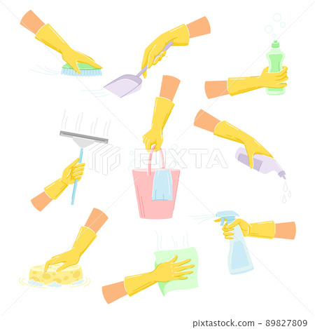 Hands holding different cleaning products and tools set. Cleaning service symbols vector illustration Hands holding different cleaning products and tools set. Cleaning service symbols vector illustration 89827809