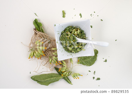 Dried cowslip, Primula veris, for healthy herbal tea, top view. Dried cowslip, Primula veris, for healthy herbal tea, top view. 89829535