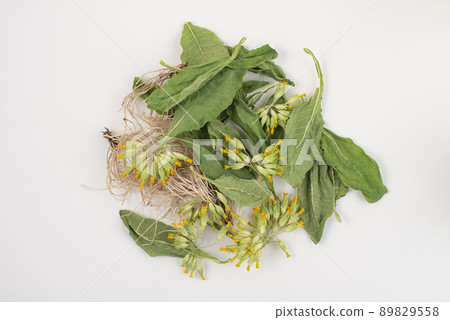 Small heap of dry healthy herbal tea with cowslip, Primula veris, top view, on white background. Small heap of dry healthy herbal tea with cowslip, Primula veris, top view, on white background. 89829558