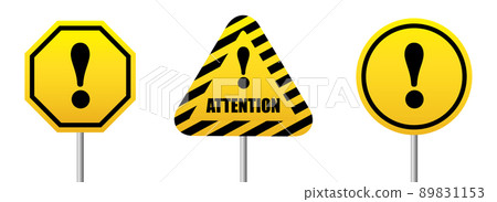 Set road sign Attention bright yellow symbol. 89831153