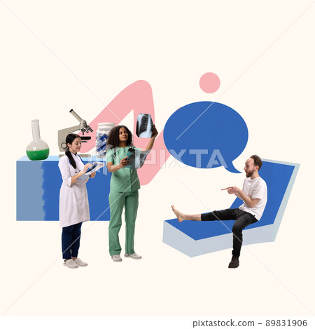 Contemporary art collage. Doctors, traumatologists looking on x-ray of broken male leg, giving professional help 89831906