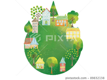 Scandinavian style watercolor touch trees and house frame 89832138