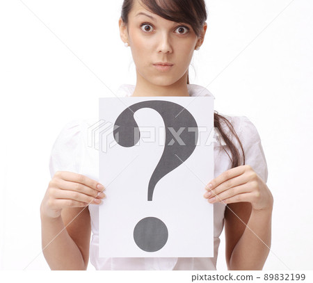 surprised business woman showing a question mark. 89832199