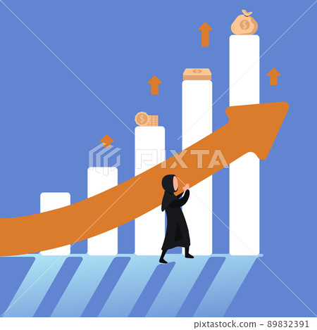 Business concept flat Arab businesswoman holding increasing graph arrow. Business success. Growth symbol of advance in management. Profit, income, improve business. Graphic design vector illustration Business concept flat Arab businesswoman holding increasing graph arrow. Business success. Growth symbol of advance in management. Profit, income, improve business. Graphic design vector illustration 89832391
