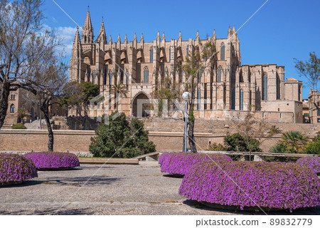 View of gothic style La Seu Cathedral seen from park against blue sky View of gothic style La Seu Cathedral seen from park against blue sky 89832779