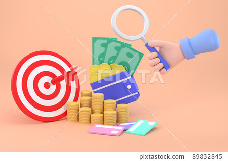 hand holding magnifying glass and Target darts banknotes and coins. investment business. hand holding magnifying glass and Target darts banknotes and coins. investment business. 89832845
