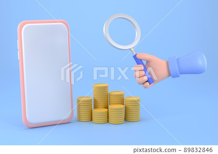 hand holding magnifying glass and smartphone, coins and credit card. finance concept. hand holding magnifying glass and smartphone, coins and credit card. finance concept. 89832846