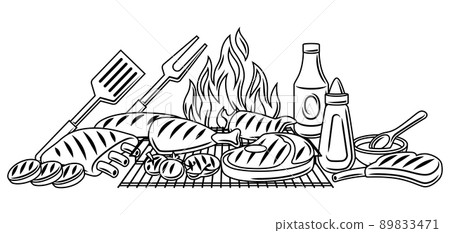 Bbq background with grill objects and icons. Stylized kitchen and restaurant items. Bbq background with grill objects and icons. Stylized kitchen and restaurant items. 89833471