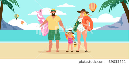 Family with child at tropical sea beach flat cartoon vector illustration. 89833531