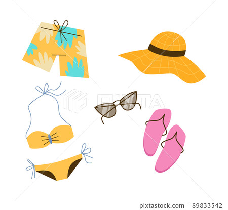 Summer beachwear and swimwear flat cartoon vector illustration isolated. 89833542