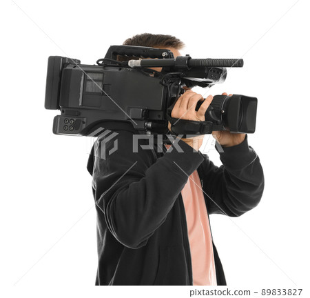 Operator with professional video camera on white background Operator with professional video camera on white background 89833827